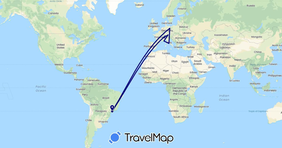 TravelMap itinerary: driving in Brazil, Switzerland, Germany, France, Italy (Europe, South America)